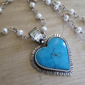 Sterling Silver Turquoise Heart with Pearls Necklace