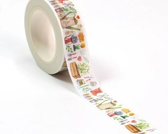 May include: A roll of white washi tape with a repeating pattern of gardening tools, plants, and watering cans. The tape is decorated with watercolor illustrations in shades of green, red, and brown.