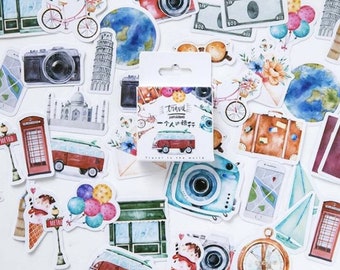 Retro travel stickers • Journal stickers • planner stickers • scrapbook stickers • camper van stickers • camera • balloons • vintage