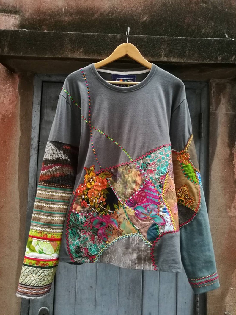 Patchwork Tshirt Boro Tshirt With Sashiko Stitching Etsy