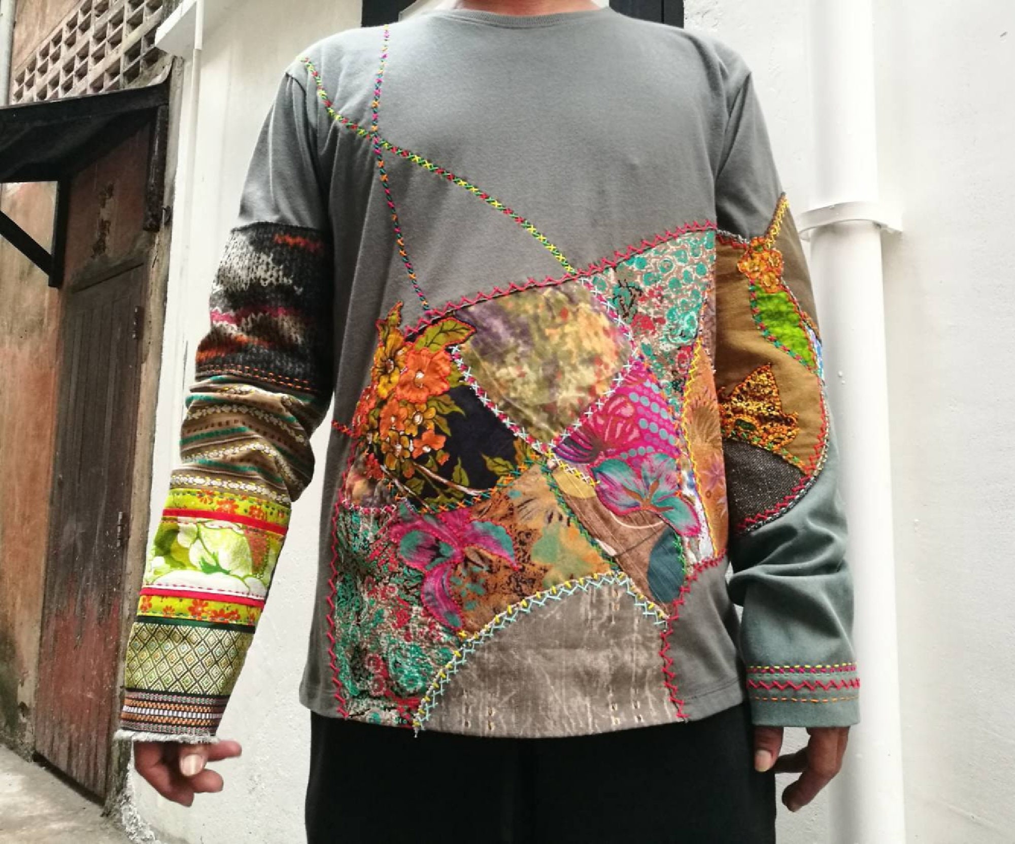 Patchwork Tshirt Boro Tshirt With Sashiko Stitching Etsy