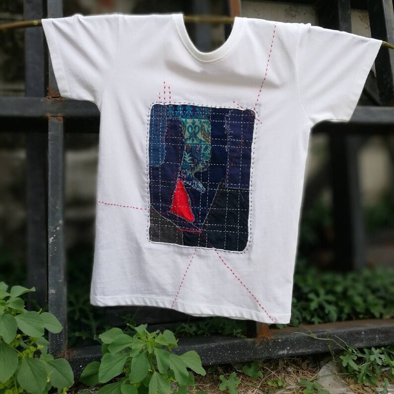 Patchwork Tshirt boro tshirt with sashiko stitching Etsy