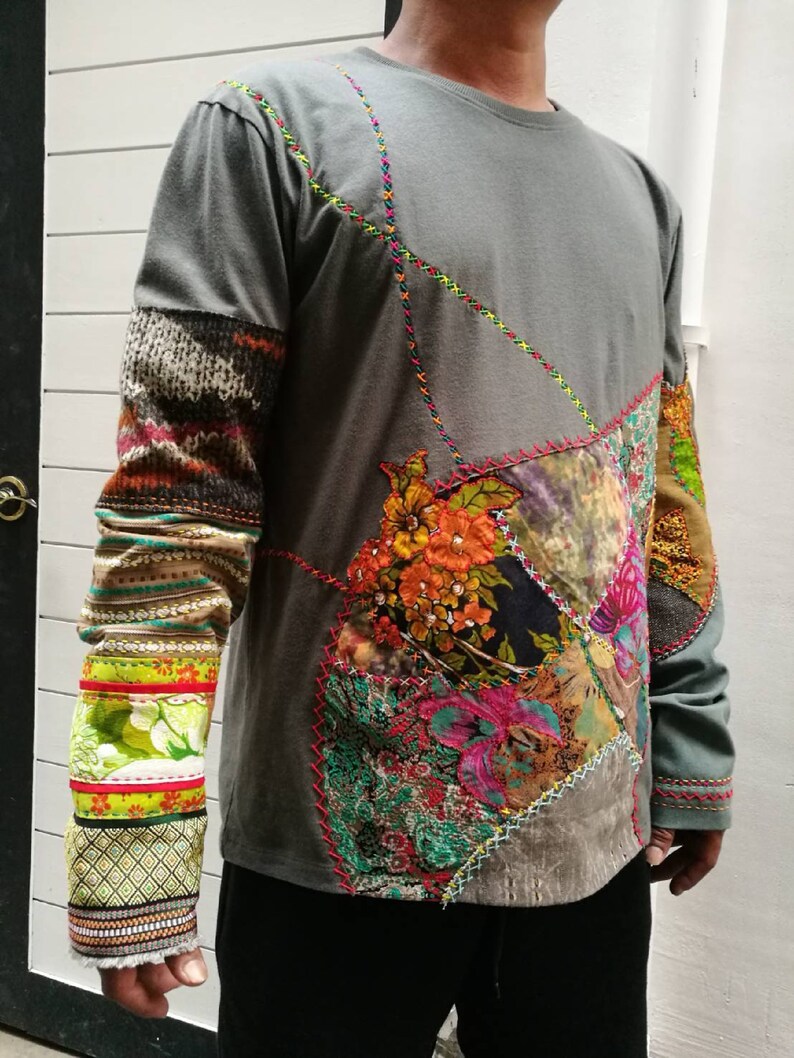 Patchwork Tshirt Boro Tshirt With Sashiko Stitching Etsy