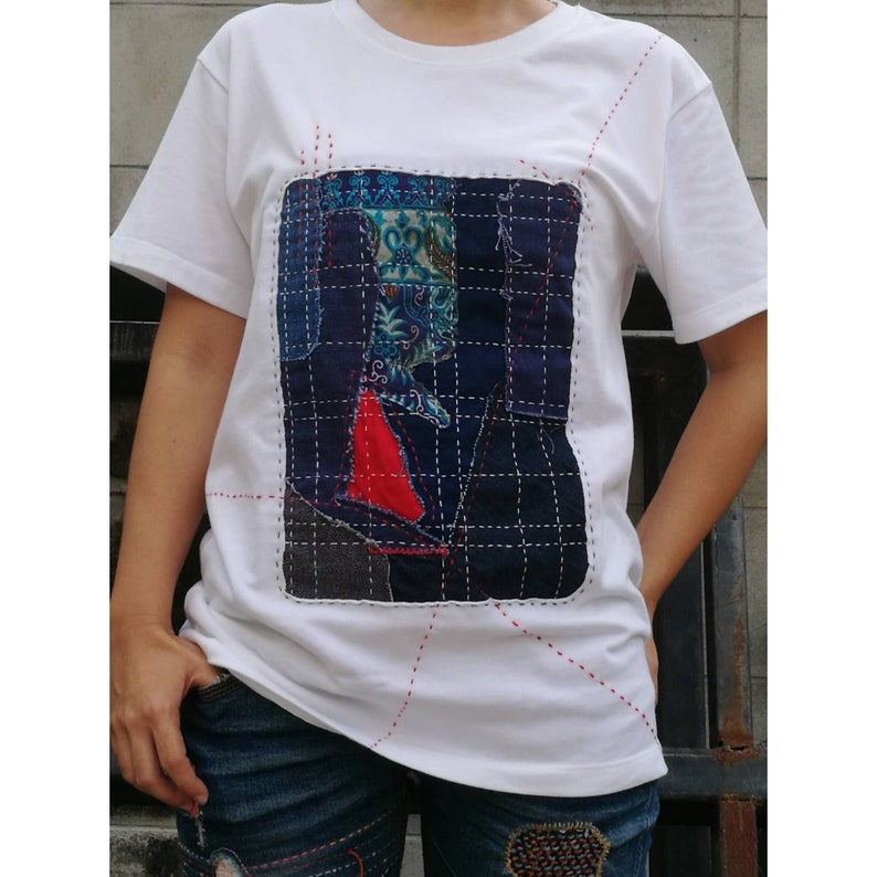 Patchwork Tshirt boro tshirt with sashiko stitching Etsy