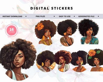 Black Girl Digital Stickers, GoodNotes Planner Stickers, Stickers Black Women, Melanin Stickers, Pre Cropped Planner Ethnic Digital Stickers