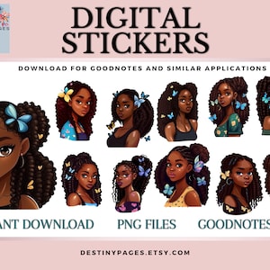 Black Girl Magic Digital Stickers |  Precropped GoodNotes Stickers | African American individual PNG files stickers | Cute Butterfly Girls