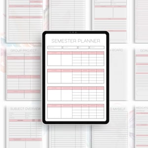 Puede incluir: Una tableta digital que muestra un planificador de semestre con secciones para asignaturas, tareas, plazos y calificaciones. El planificador est&aacute; rodeado de otras p&aacute;ginas de planificador imprimibles, que incluyen un planificador de proyectos grupales, un planificador de objetivos, un mapa conceptual de medicamentos y una descripci&oacute;n general de las asignaturas.
