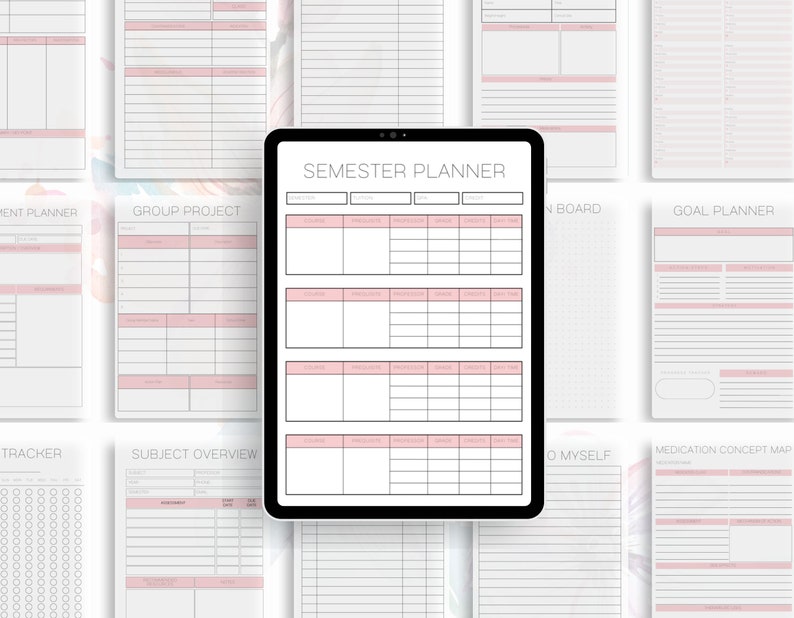 Puede incluir: Una tableta digital que muestra un planificador de semestre con secciones para asignaturas, tareas, plazos y calificaciones. El planificador est&aacute; rodeado de otras p&aacute;ginas de planificador imprimibles, que incluyen un planificador de proyectos grupales, un planificador de objetivos, un mapa conceptual de medicamentos y una descripci&oacute;n general de las asignaturas.