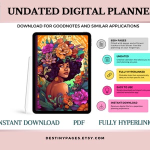 May include: Undated digital planner with 650+ pages, fully hyperlinked, easy to use, and instant download. The planner features a colorful floral design with a woman's face in the center. The text "DESTINYPAGES.ETSY.COM" is at the bottom of the image.