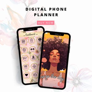May include: A digital phone planner app with a pink and gold dashboard interface. The app features icons for calendar, to-do list, budget, meals, fitness, education, passwords, projects, travel, sleep, and parties. The app also has a motivational quote that says "seize the day".