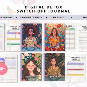 Könnte beinhalten: Digital Detox Switch Off Journal, ein druckbares oder digitales Journal mit über 25 Seiten. Das Journal zeigt farbenfrohe Illustrationen von Frauen, die in der Natur meditieren. Das Journal enthält Abschnitte für die Vor-Detox, die Nach-Detox und eine digitale Detox-Bewertung.