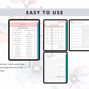 Puede incluir: Un planificador digital con un esquema de color rosa y blanco. El planificador incluye un calendario mensual, un planificador semanal, un planificador diario y un &iacute;ndice con una lista de herramientas efectivas. Las l&iacute;neas rojas, las marcas y las flechas indican el &aacute;rea general de los hiperv&iacute;nculos.