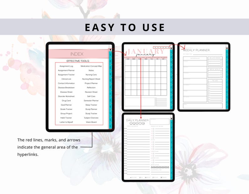 Puede incluir: Un planificador digital con un esquema de color rosa y blanco. El planificador incluye un calendario mensual, un planificador semanal, un planificador diario y un &iacute;ndice con una lista de herramientas efectivas. Las l&iacute;neas rojas, las marcas y las flechas indican el &aacute;rea general de los hiperv&iacute;nculos.
