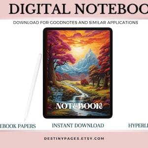 Pode incluir: Caderno digital com 32 páginas com uma cena de paisagem com uma montanha, árvores e um rio. O caderno é projetado para uso com GoodNotes e aplicativos semelhantes. O texto "NOTEBOOK" é exibido na capa.