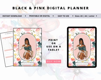 May include: A digital financial planner with a pink and floral design. The planner features a woman sitting in a chair with a cup of coffee and a book. The text "FINANCIAL PLANNER" is at the bottom of the planner.