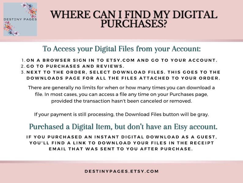 May include: A pink and white graphic with the text "WHERE CAN I FIND MY DIGITAL PURCHASES?" and instructions on how to access digital files from an Etsy account. The text also states that if you purchased a digital item but don't have an Etsy account, you'll find a link to download your files in the receipt email that was sent to you after purchase.