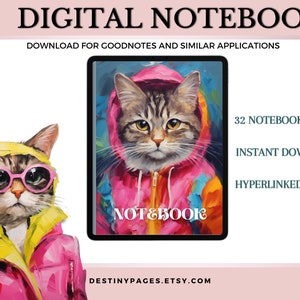 Pode incluir: Um caderno digital com 32 páginas com um gato vestindo uma jaqueta rosa e amarela. O caderno é projetado para uso com Goodnotes e aplicativos semelhantes. O texto "NOTEBOOK" é visível na capa.