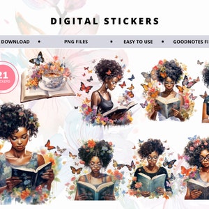 Black Girl Digital Stickers, Precropped, Bookish Stickers, Black Girl Reading Digital Stickers, Book Lover, Book Clipart, Bookworm Clipart