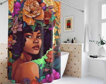 Black Woman Shower Curtains, Colorful Floral Shower Curtain, Black Art Shower Curtain, Bathroom Shower Decor, Afrocentric Home Decor, Boho