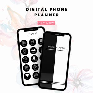 May include: A digital phone planner app mockup with a black and white theme. The app features an index with icons for various categories, including yearly, to-do list, meals, fitness, study, passwords, invoices, travel, habits, and sleep. The app also includes a pocket planner section.