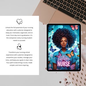 Puede incluir: Una portada de agenda digital con una ilustraci&oacute;n colorida de una mujer con afro que lleva una camisa azul con el texto "future NURSE" en rosa y morado. El fondo es un degradado azul y verde con mariposas.