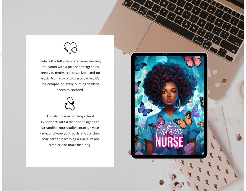 Puede incluir: Una portada de agenda digital con una ilustraci&oacute;n colorida de una mujer con afro que lleva una camisa azul con el texto "future NURSE" en rosa y morado. El fondo es un degradado azul y verde con mariposas.