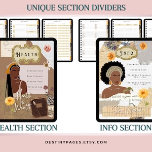 May include: Two digital planner pages with a collage aesthetic. The left page is titled "HEALTH" and features a woman with a floral crown and the text "Health is Wealth". The right page is titled "INFO" and features a woman with a floral headband and the text "Stay Motivated".