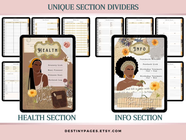 May include: Two digital planner pages with a collage aesthetic. The left page is titled "HEALTH" and features a woman with a floral crown and the text "Health is Wealth". The right page is titled "INFO" and features a woman with a floral headband and the text "Stay Motivated".