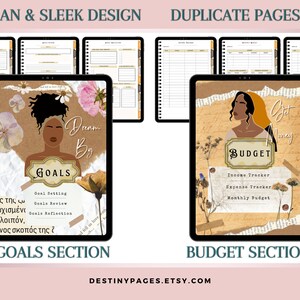 May include: A digital planner with a brown and gold background featuring a woman with brown skin and a floral design. The planner has two sections: "Goals" and "Budget". The "Goals" section has the text "Dream Big" and the "Budget" section has the text "Get Money".