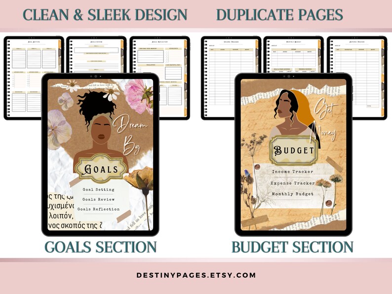 May include: A digital planner with a brown and gold background featuring a woman with brown skin and a floral design. The planner has two sections: "Goals" and "Budget". The "Goals" section has the text "Dream Big" and the "Budget" section has the text "Get Money".