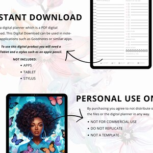 Puede incluir: Un planificador digital con un fondo floral. El planificador es una descarga PDF y se puede utilizar en aplicaciones para tomar notas. El texto "INSTANT DOWNLOAD" est&aacute; en la parte superior de la imagen. El texto "PERSONAL USE ONLY" est&aacute; en la parte inferior de la imagen. El texto "NOT INCLUDED: APPS, TABLET, STYLUS" est&aacute; en el medio de la imagen.