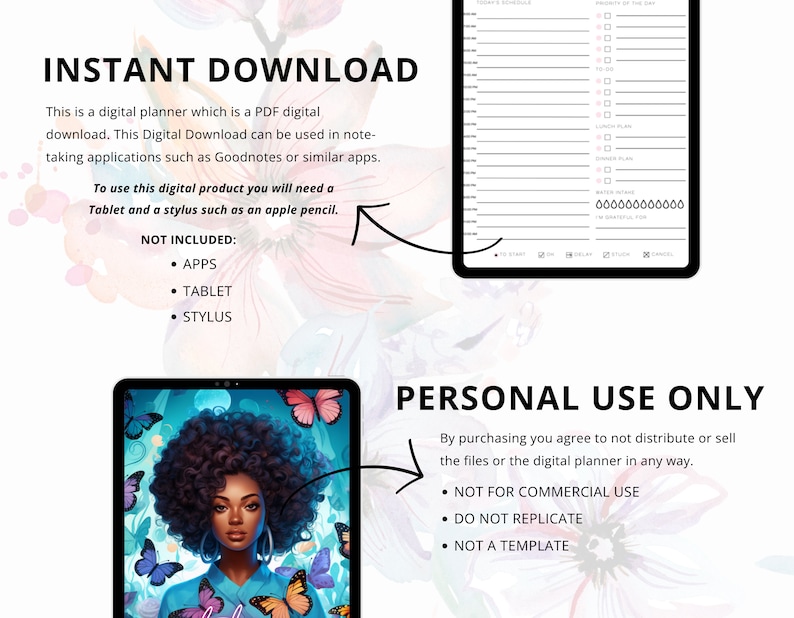 Puede incluir: Un planificador digital con un fondo floral. El planificador es una descarga PDF y se puede utilizar en aplicaciones para tomar notas. El texto "INSTANT DOWNLOAD" est&aacute; en la parte superior de la imagen. El texto "PERSONAL USE ONLY" est&aacute; en la parte inferior de la imagen. El texto "NOT INCLUDED: APPS, TABLET, STYLUS" est&aacute; en el medio de la imagen.