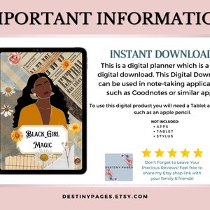 May include: A digital planner with a black woman illustration and the text "Black Girl Magic". The planner is designed with a vintage aesthetic and features a collage of newspaper clippings, flowers, and other decorative elements.