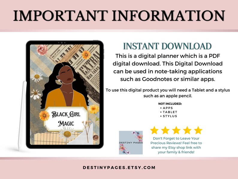 May include: A digital planner with a black woman illustration and the text "Black Girl Magic". The planner is designed with a vintage aesthetic and features a collage of newspaper clippings, flowers, and other decorative elements.