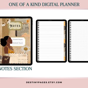 May include: A digital planner with a collage-style cover featuring a woman's silhouette, flowers, and vintage paper textures. The planner includes lined, dotted, and blank pages for note-taking. The text "NOTES" is displayed on the cover.
