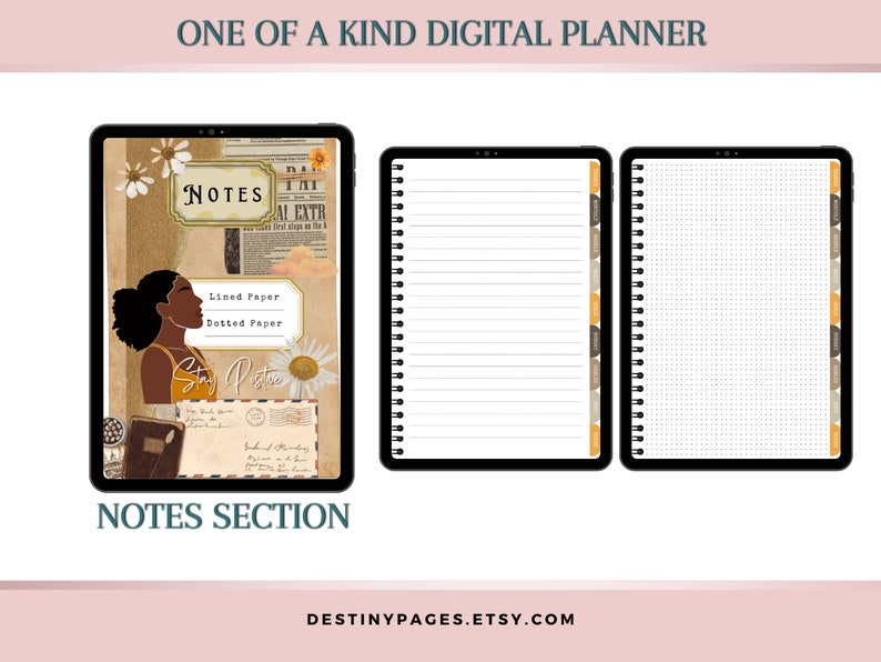 May include: A digital planner with a collage-style cover featuring a woman's silhouette, flowers, and vintage paper textures. The planner includes lined, dotted, and blank pages for note-taking. The text "NOTES" is displayed on the cover.