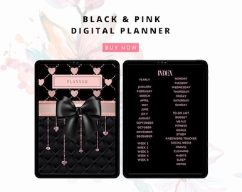Black & Pink Digital Planner, Simple Pink Undated Planner, Goodnotes Planner, Digital Planner with Black Pages, Minimalistic Digital Planner