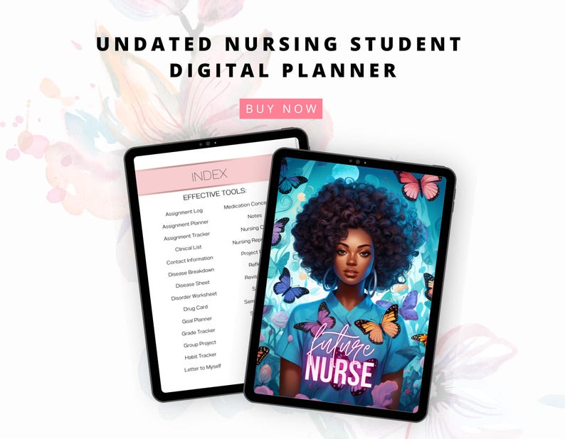 Puede incluir: Un planificador digital para estudiantes de enfermer&iacute;a con una portada azul y rosa que presenta a una mujer con afro que lleva una blusa azul de uniforme m&eacute;dico con el texto "future nurse" y mariposas. El planificador incluye un &iacute;ndice con una lista de herramientas efectivas para estudiantes de enfermer&iacute;a.