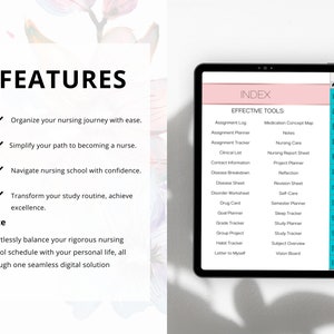 Puede incluir: Un planificador digital para estudiantes de enfermer&iacute;a con un esquema de color rosa y azul. El planificador incluye herramientas para organizar las tareas, realizar un seguimiento del progreso y administrar el tiempo. El texto "FEATURES" e "INDEX" es visible en la pantalla.