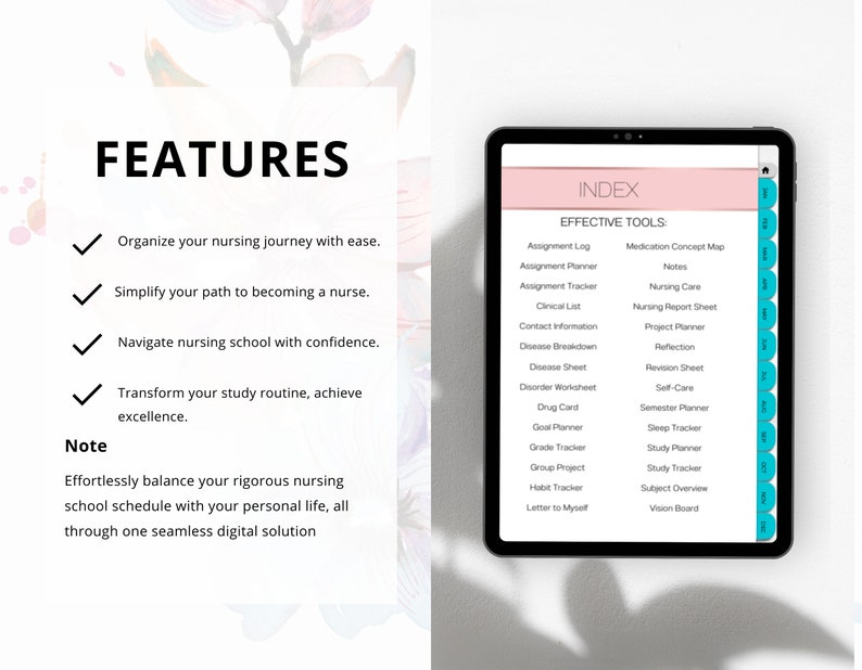 Puede incluir: Un planificador digital para estudiantes de enfermer&iacute;a con un esquema de color rosa y azul. El planificador incluye herramientas para organizar las tareas, realizar un seguimiento del progreso y administrar el tiempo. El texto "FEATURES" e "INDEX" es visible en la pantalla.