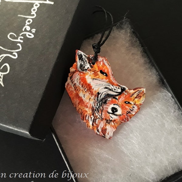 pendentif renard en bois, bijou renard, pendentif renard, bijou en bois, pendentif animaux en bois, pendentif animaux, bijou en bois peint