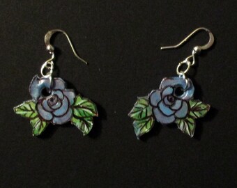 rose flowers earring,roses flowers,leather,leather jewellery,handmade,woman earrings,nature,roses,blue,gift for her,girly,jewelery