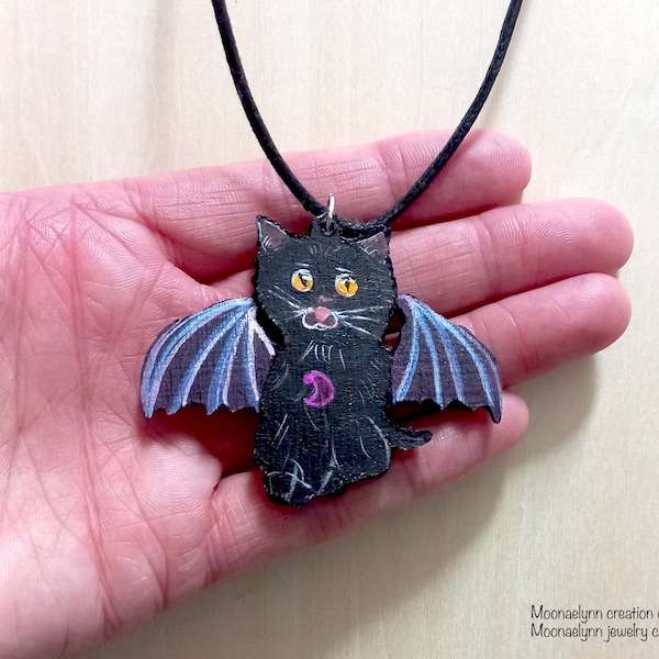 pendentif chat noir, pendentif chat Halloween, pendentif chat noir Halloween, pendentif en bois, bijou Halloween, accessoire Halloween