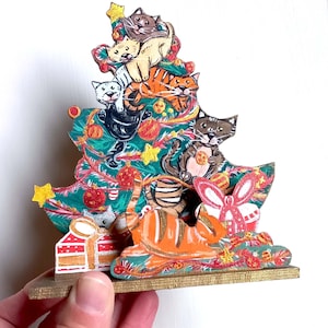Cats and Christmas tree wood decor, fun cats and Christmas tree pop-up card, quirky Christmas cats decor, cats lovers gift