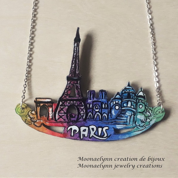 pendentif Paris, pendentif en bois Paris, pendentif ville de Paris, pendentif Paris skyline, Pendentif en bois tour Eiffel, bijou Paris