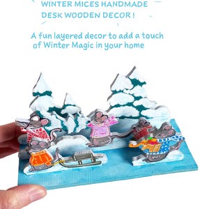 Winter mice pop-up wooden home decor, Whimsical winter home decor, cute winter mice kid's room decor, cute seasonal wooden desk toy