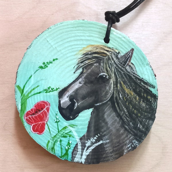 Tableau cheval, peinture originale cheval et fleur, peinture originale sur bois, peinture cheval, cheval, coquelicot, peinture acrylique