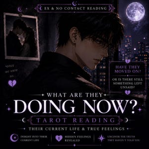 Op de afbeelding: Een digitale afbeelding voor een tarot-reading over een ex en geen contact, met een donkerharig persoon in profiel tegen een nachtelijke skyline met volle maan. Tekst: EX & NO CONTACT READING, WHAT ARE THEY DOING NOW?, TAROT READING.
