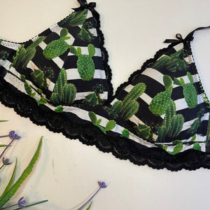 Cotton bralette Black color with removable cups cacti print organic material Organic Cotton Bra Top Underwear Black Bra