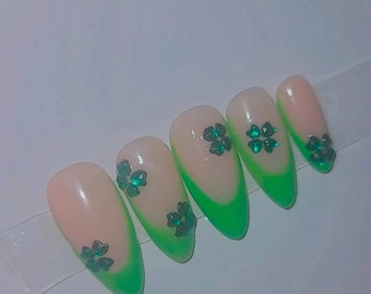 St. Patricks Day Press On Nails | French Tip Press Ons | Green Nails | Bling Nails | Four Leaf Clover Nails | Almond Nails